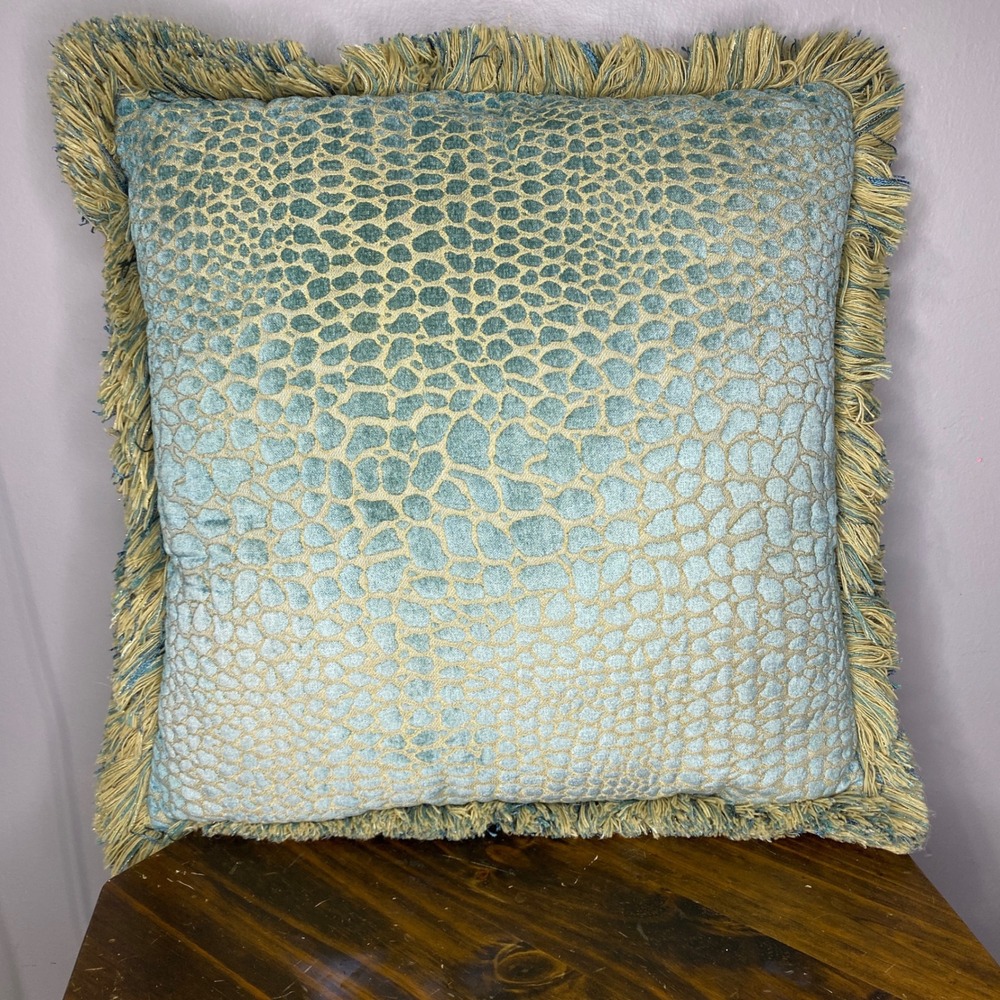Teal Blue Green Leopard Animal Print Velvet‎ Pillow Fringed Throw Accent Decor